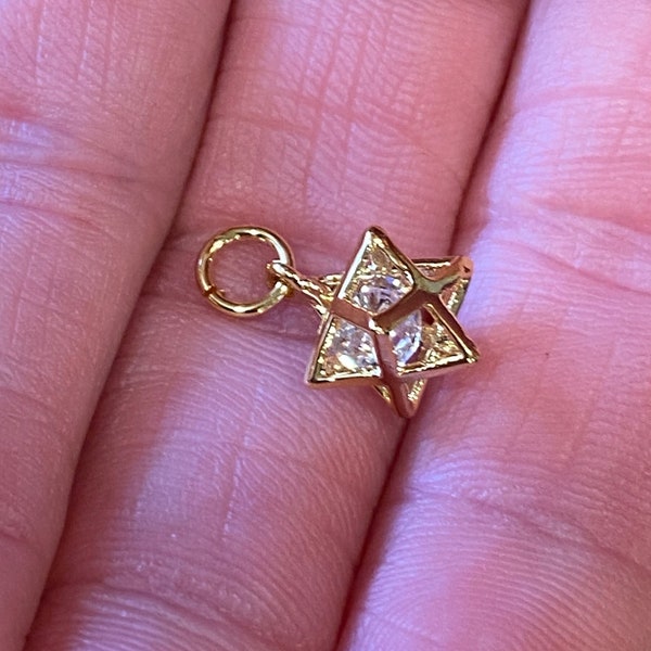 18K Gold Plated Pendant Charm Merkaba Star 7mm Cube with Clear CZ and Ring (20953)