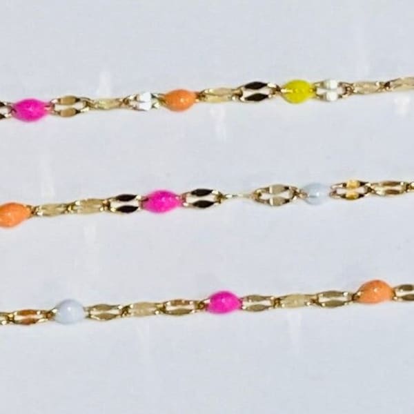 Colorful Enamel Gold Plated Stainless Steel  Flat Oval Dapped Chain By The Foot Nickel Free 4mm x 2mm (21149)