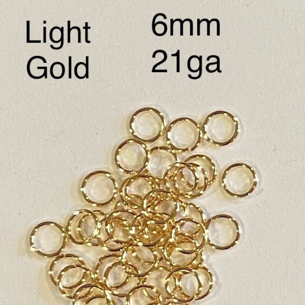 50 pc  Light Gold Plated 6mm 21ga Open Jump Rings  (21185)