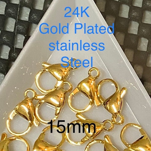 10 Quality 24k Gold Plated Stainless Steel Lobster Claws 15mm x 9mm (21254)
