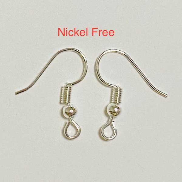 20 Bright Silver Ball Coil Fish Hook Ear Wire Nickel Lead Free (20767)