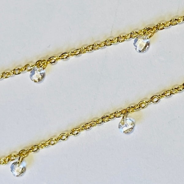 Gold Cable 2.5mm x 2mm Chain with Clear Crystal Faceted Dangle Drops by the foot (21159)