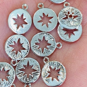 4 pcs 925 Sterling Silver Plated Open Compass Star Cut Out Textured Round Charms with loop (21364)