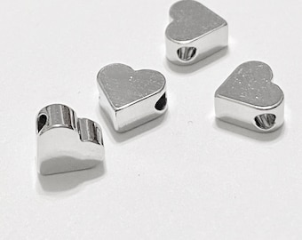 4 Silver Heart Beads 7mm Horizontal Large Hole (20416)