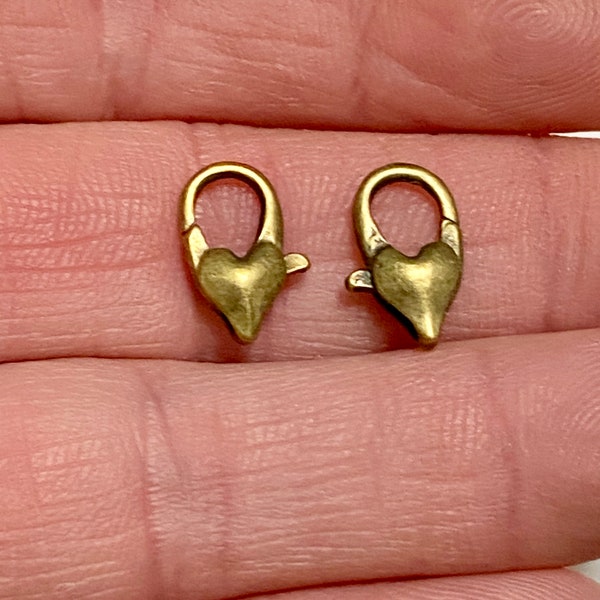 6 Antique Brass Bronze Heart Clasps 12mm (20602)