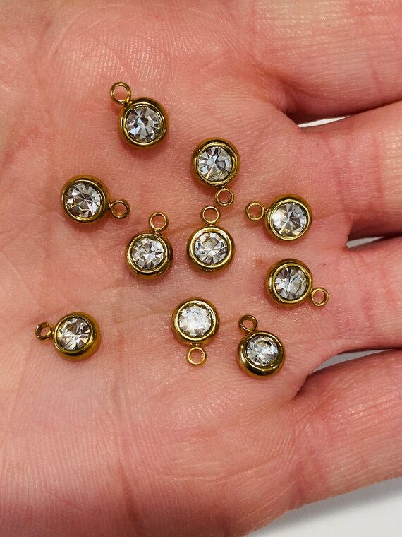 18k Gold Plated 6mm Clear Rhinestone Round Charm Drops