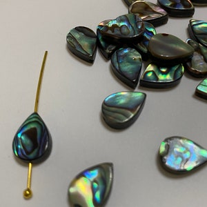 May include: A collection of iridescent abalone shell teardrop beads with a gold-colored wire and bead. The beads are a mix of green, blue, and brown colors.