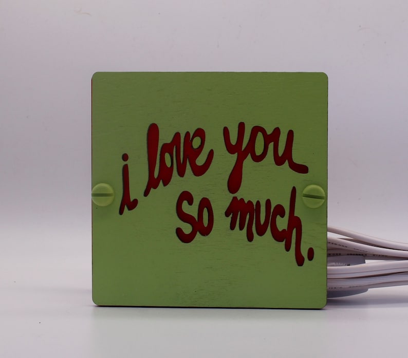 May include: A green wooden sign with the words "i love you so much." written in red.