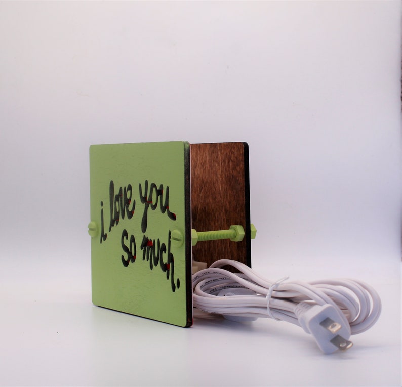 May include: A green wooden box with a message that says "I love you so much." The box is attached to a brown wooden box with a white electrical cord.