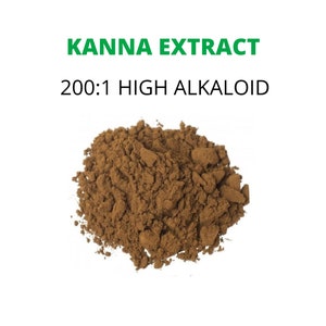 May include: A pile of brown Kanna extract powder, labeled "200:1 High Alkaloid".