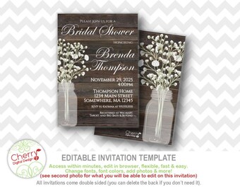 Bridal Shower Invitation Template Printable Rustic Mason - Etsy