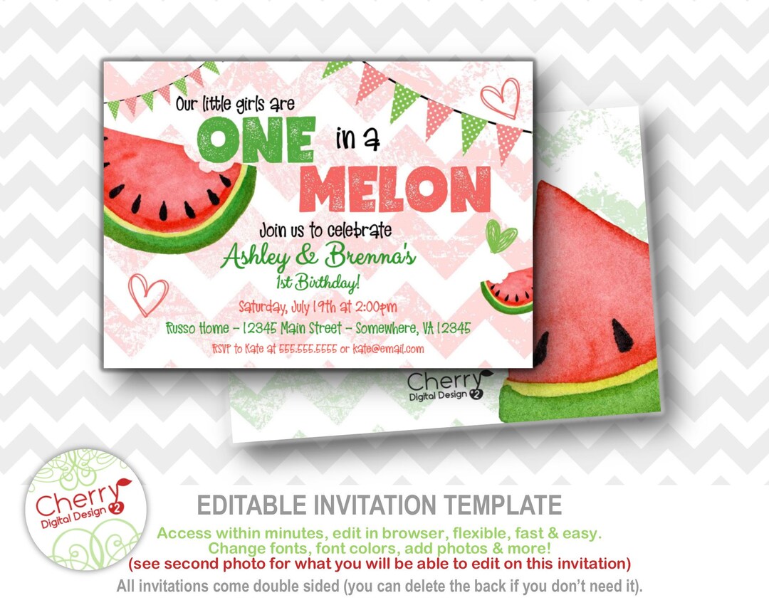 One in a Melon Water Melon Twin Girls Birthday Party Invitations