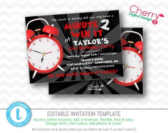 Minute to Win It Kid Birthday Party Invitation | Printable Editable Kids Birthday Game Party | Red Black White