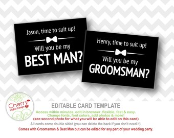 Time to Suit Up Bow Tie Rustic Groomsman & Best Man Cards | Black White Wedding Party Cards | Editable and Personalized