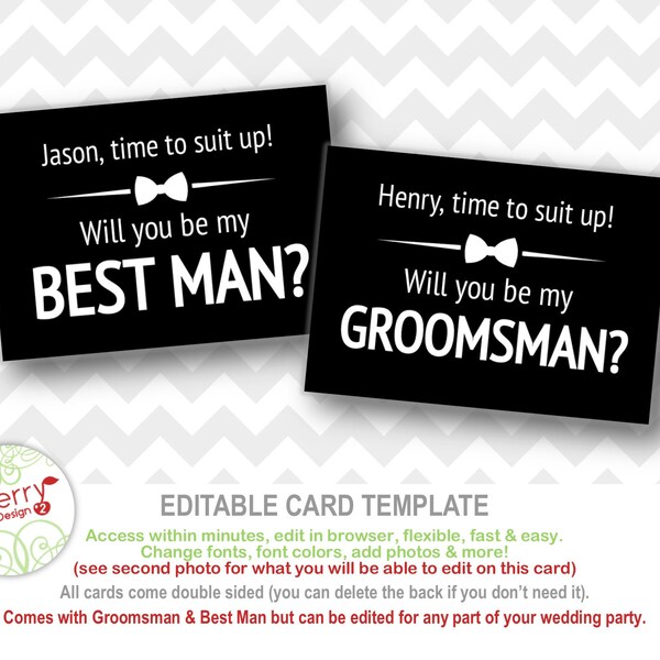 Time to Suit Up Bow Tie Rustic Groomsman & Best Man Cards | Black White Wedding Party Cards | Editable and Personalized