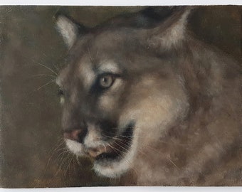 Wild Animal Oil Painting / Mountain Lion Original Oil Painting On Canvas / Small Wildlife Wall Art  Big Cat Painting / Cougar Original  Art