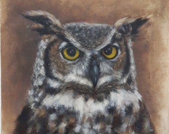 OWL OIL PAINTING / Great Horned Owl Original Oil Painting / Owl Oil On Canvas / Animal Oil Painting / Owl Wall Art / 10 X 12 Owl Painting /