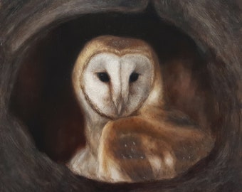 Peinture à l'huile originale de chouette effraie des bois/art mural animaux des bois/oeuvre d'art d'oiseau