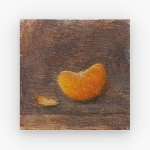 Small Kitchen Original Oil Painting / Mandarine Orange Slice Mini Fruit Artwork / 3x3 Miniature Still Life Oil Painting / Food Wall Art /