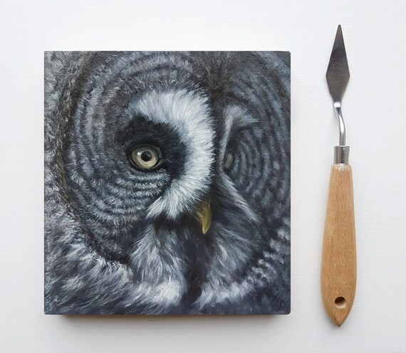 Great Grey Owl Original Oil Painting On Wood Small Animal Oil Painting Owl Small Oil Painting Bird Oil Painting On Wood Owl Wall Art