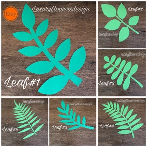 May include: Six different leaf templates for paper crafting. The leaves are green and have a variety of shapes and sizes. The templates are labeled with numbers 1 through 6.