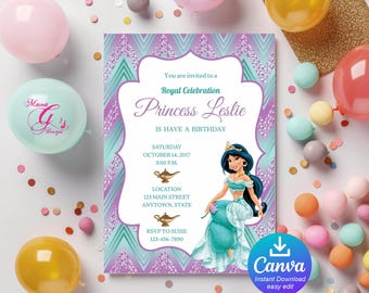 Aladdin's Princess Jasmine digitale verjaardagsuitnodiging, Jasmine digitale uitnodiging, Jasmine verjaardagsuitnodiging