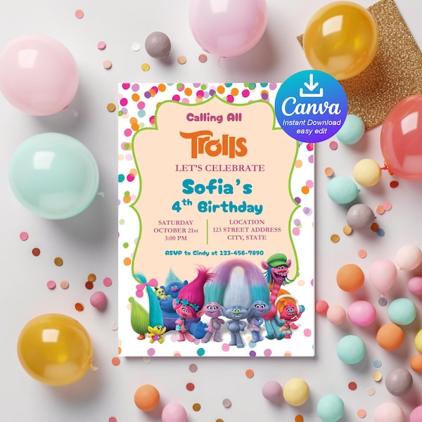 Trolls Birthday Invitation, Trolls Digital Invitation Template, Trolls Digital Birthday Invitation