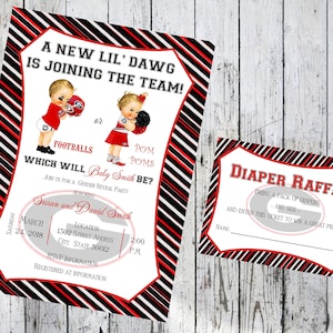 Georgia Bulldogs Gender Reveal Invitación con tarjeta de rifa de pañales opcional