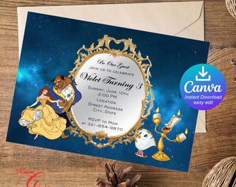 Belle en het beest verjaardagsuitnodiging, Belle en het beest digitale sjabloon, Belle en het beest digitale verjaardagsuitnodiging