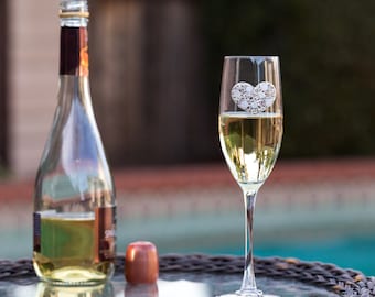 Jewel Encrusted Champagne Flute Glass with Colorful Heart - 100% Handmade in the USA