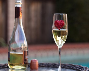 Jewel Encrusted Champagne Flute Glass with Red Heart - 100% Handmade in the USA