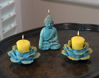 Witness Buddha Candle and Turquoise Blue & Gold Porcelain Lotus Flower Candle Holder Meditation Set