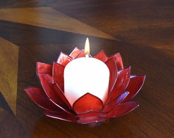Red Lotus Flower Capiz Shell Candle Holder - A Real Jewel of a Gift and Keepsake
