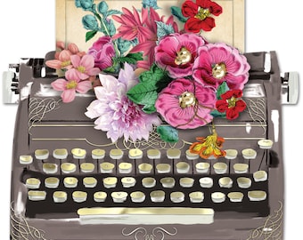 Embossed Typewriter Note Card with Gold Foil & Floral Design