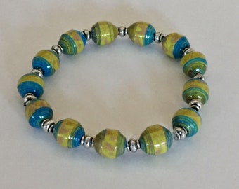 Beaded Bracelet, Green and Blue Bracelet, Stretch Bracelet, Elastic Bracelet, Jewelry Sale, Casual Bracelet, Colorful Bracelet, Paper Beads
