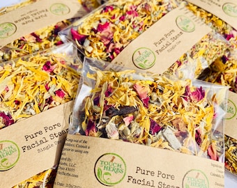May include: Multiple clear plastic pouches filled with dried herbs and flower petals. Each pouch has a brown label that reads "Pure Pore Facial Steam Single Use" with the "Touch Herbs" logo. The contents are a mix of yellow, red, and brown.