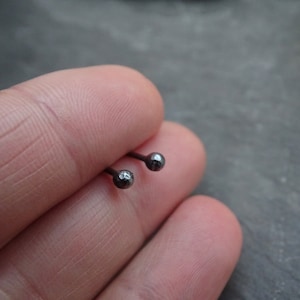 Può includere: Primo piano di due piccoli orecchini a bottone grigio scuro. Ogni orecchino presenta una piccola sfera strutturata all'estremità di un sottile perno. Gli orecchini sono tenuti tra due dita, con uno sfondo sfocato.
