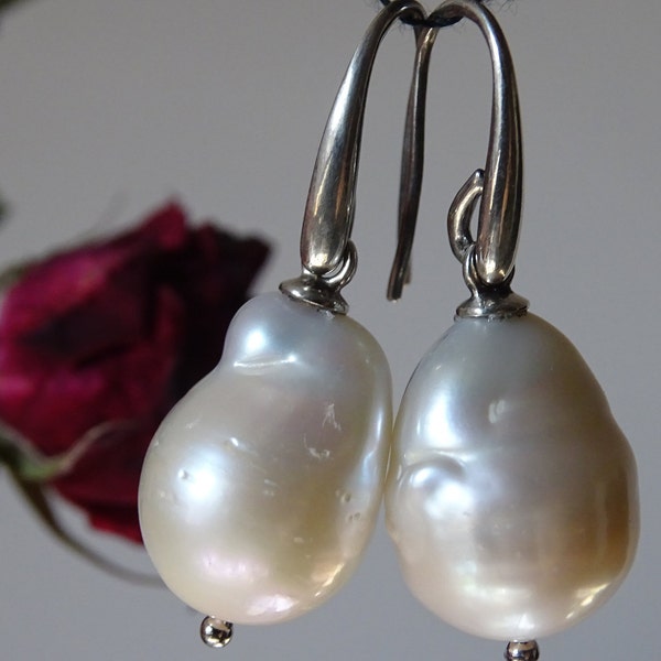 Big baroque pearl earrings,white drop pearl earrings,wedding modern dangle silver pearl earrings