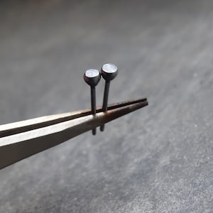 Può includere: Primo piano di due piccoli borchie in metallo argentato con estremità arrotondate, tenute da una pinzetta. Le borchie hanno un design semplice e minimalista. La pinzetta è argentata e ha una punta.