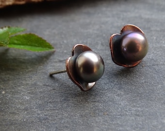 Pearl earrings,black pearl earrings,raw silver copper earrings,raw copper earrings,blackened silver earrings