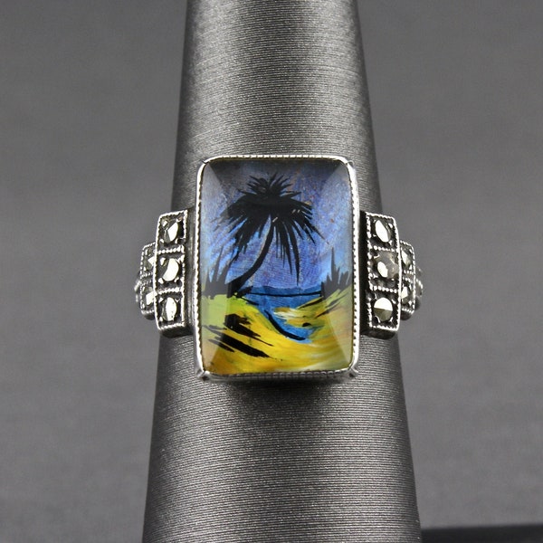 Vintage Thomas L Mott Sterling Silver Blue Morpho Butterfly Wing And Marcasite Tropical Palm Tree Sandy Beach Scene Ring Size 6 Signed TLM