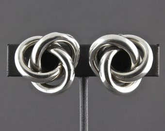 Vintage Sterling Silver Modernist Electro Formed Intertwined Triple Circle Loop Knotted Clip On Clip Back Earrings