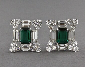 Vintage Large Emerald Green And Clear Rhinestone Clip Back Earrings