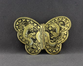 Vintage Japanese Gilt Brass Metal And Black Urushi Lacquer Dragons And Leaves Butterfly Shaped Two Piece Slide Belt Buckle