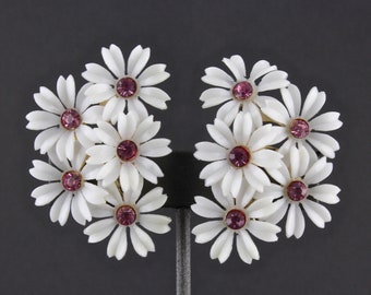 Vintage Very Large Soft White Lucite And Pink Rhinestones Blooming Flower Cluster Clip On Clip Back Earrings
