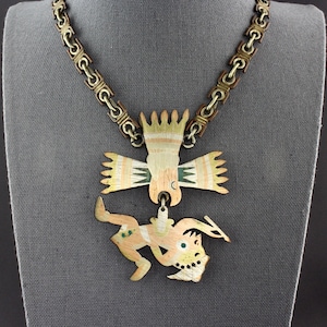 Vintage Mexican Mixed Metals Silver Copper Brass Aztec Warrior Being Carried By An Eagle Necklace In The Style Of Los Castillo