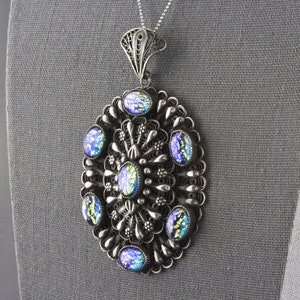 Vintage Very Large Silver Filigree Iridescent Blue Marbled Dragons ...