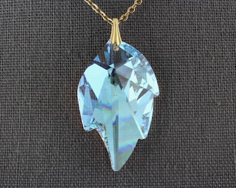 Vintage Blue Translucent Iridescent Art Glass Crystal Asymmetrical Leaf Shaped Pendant