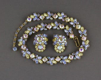 Vintage Trifari Blue And Yellow Rhinestone Necklace And Clip Back Earring Set