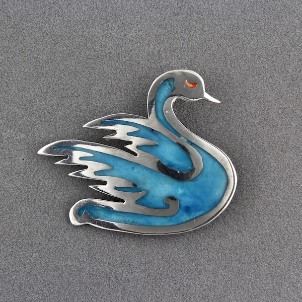 Vintage Taxco Mexico Sterling Silver Blue Enamel Swan Brooch Pin Signed AMD